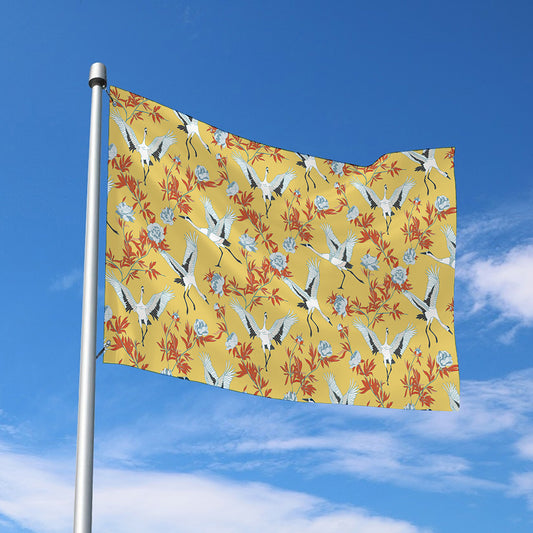 White Japanese Cranes Pattern Print Polyester Flag