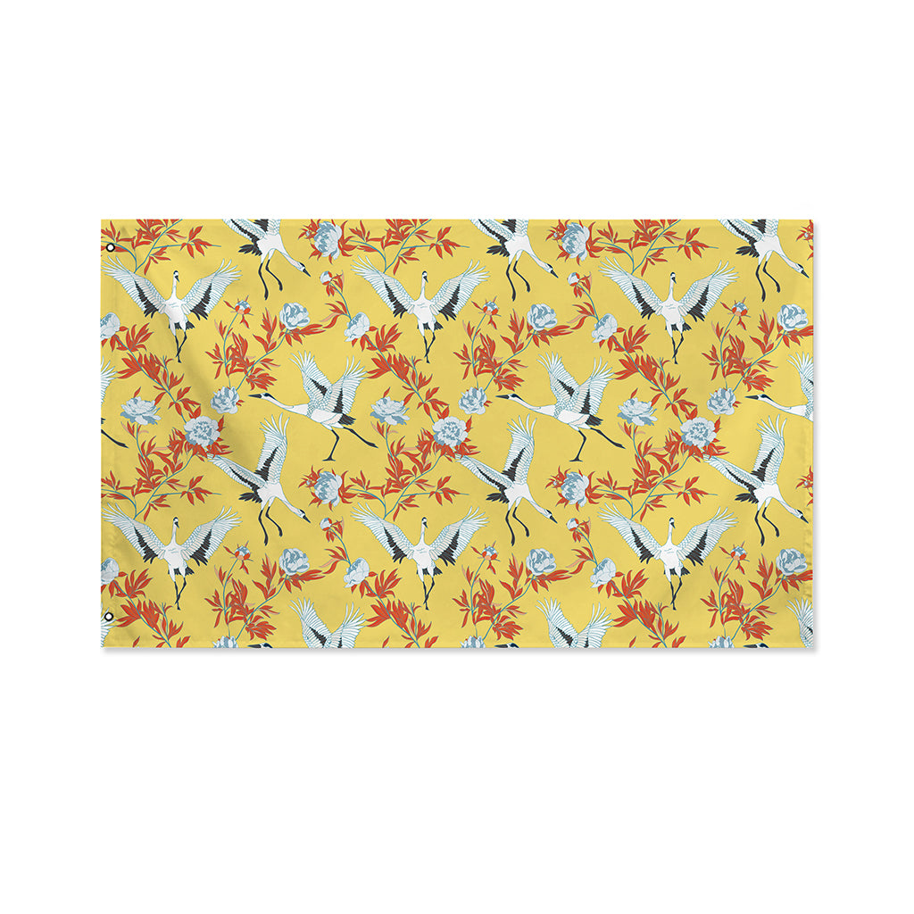 White Japanese Cranes Pattern Print Polyester Flag