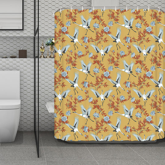 White Japanese Cranes Pattern Print Polyester Shower Curtain