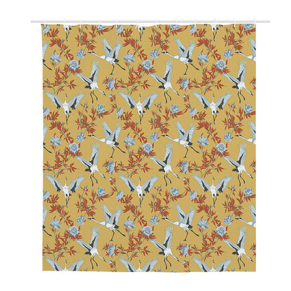 White Japanese Cranes Pattern Print Polyester Shower Curtain
