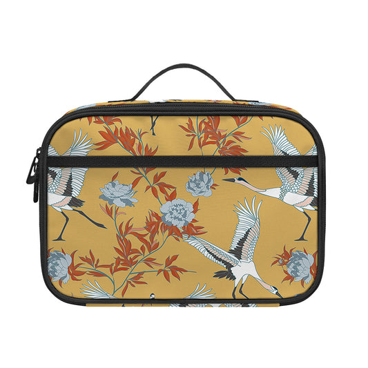 White Japanese Cranes Pattern Print Portable Lunch Bag
