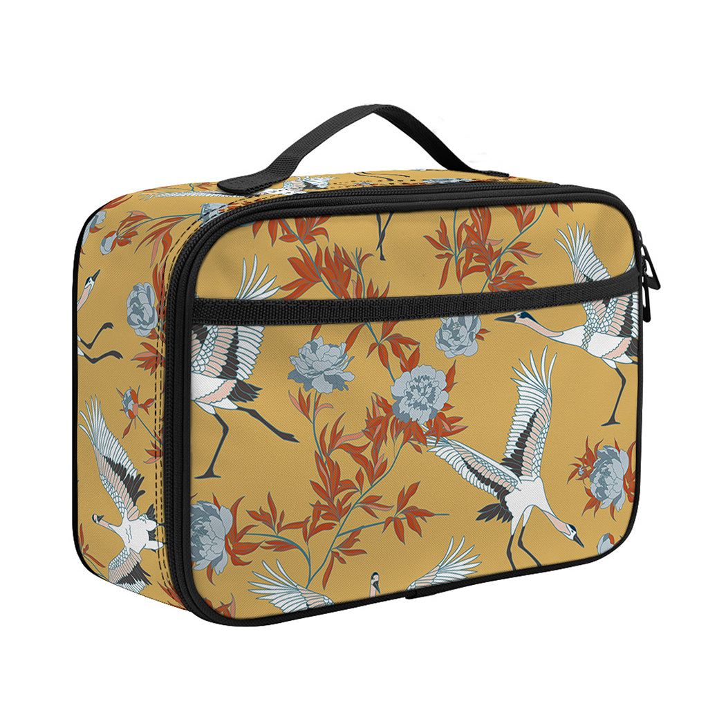 White Japanese Cranes Pattern Print Portable Lunch Bag