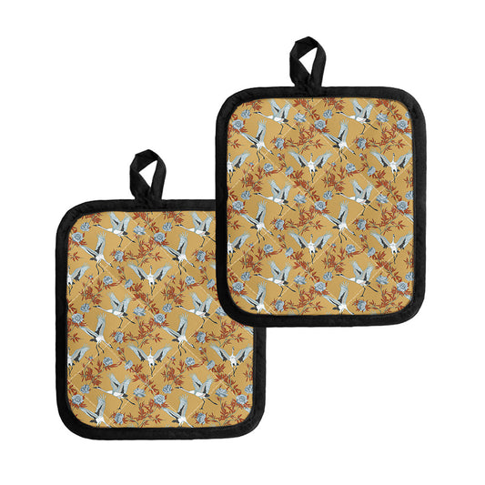 White Japanese Cranes Pattern Print Pot Holders