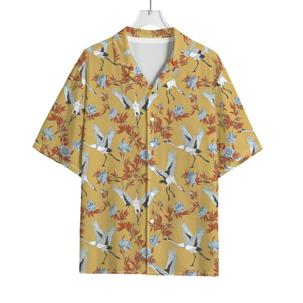 White Japanese Cranes Pattern Print Rayon Hawaiian Shirt