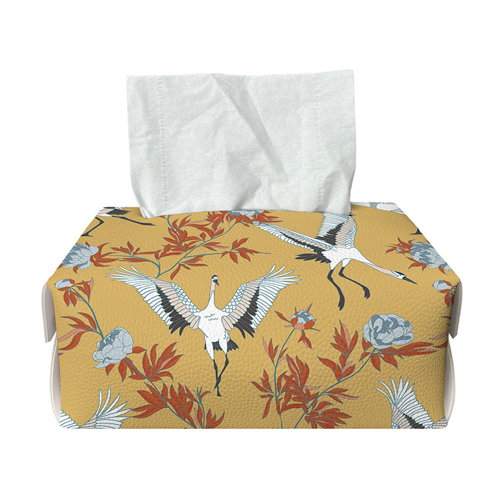 White Japanese Cranes Pattern Print Rectangle Tissue Box Cover