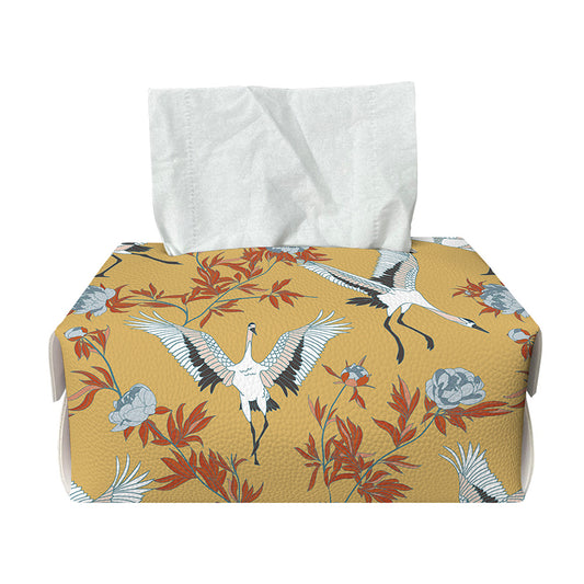 White Japanese Cranes Pattern Print Rectangle Tissue Box Cover
