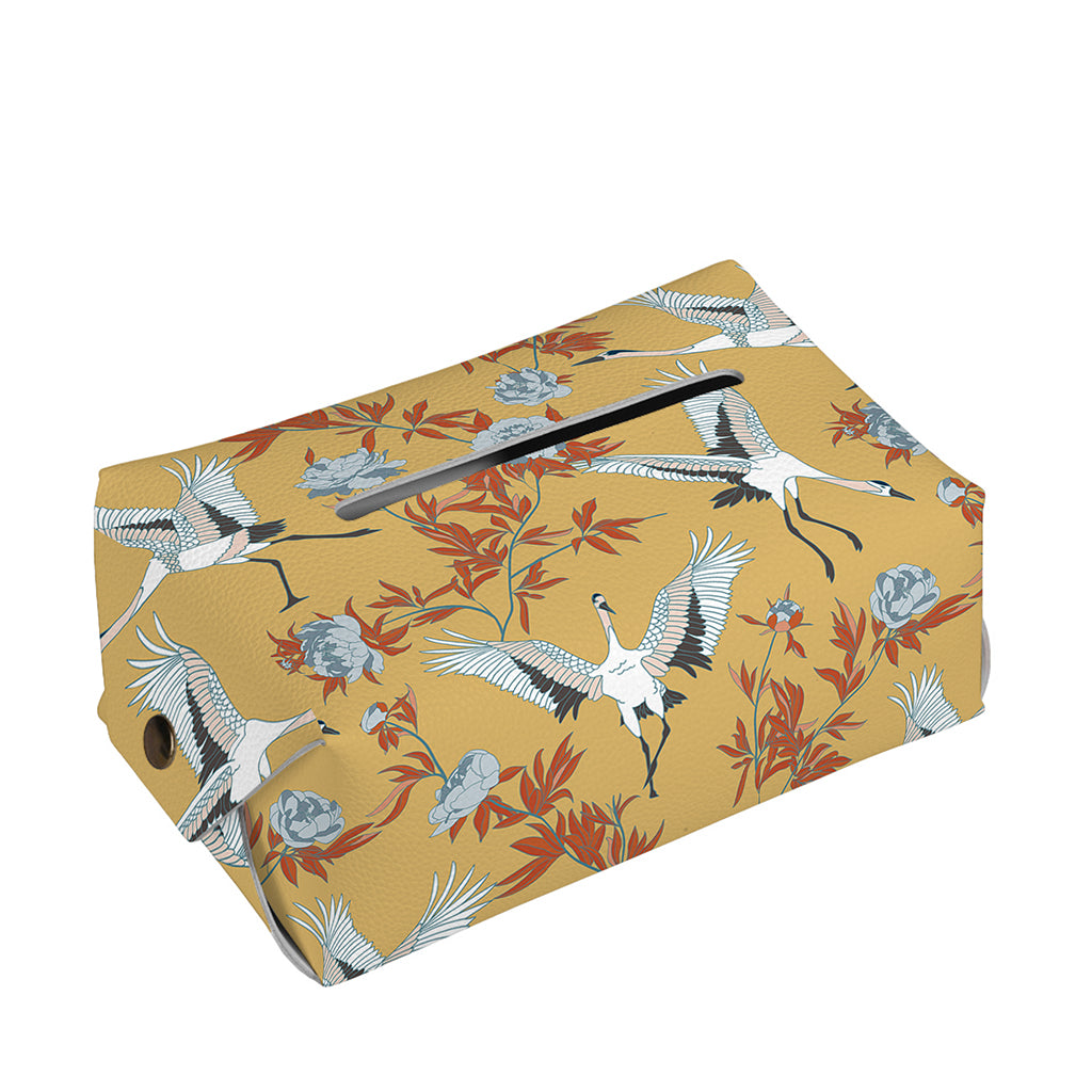 White Japanese Cranes Pattern Print Rectangle Tissue Box Cover