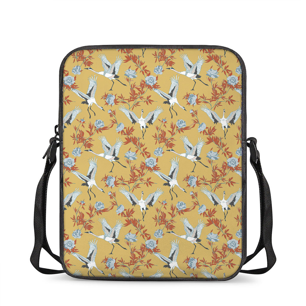 White Japanese Cranes Pattern Print Rectangular Crossbody Bag