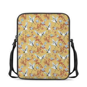 White Japanese Cranes Pattern Print Rectangular Crossbody Bag