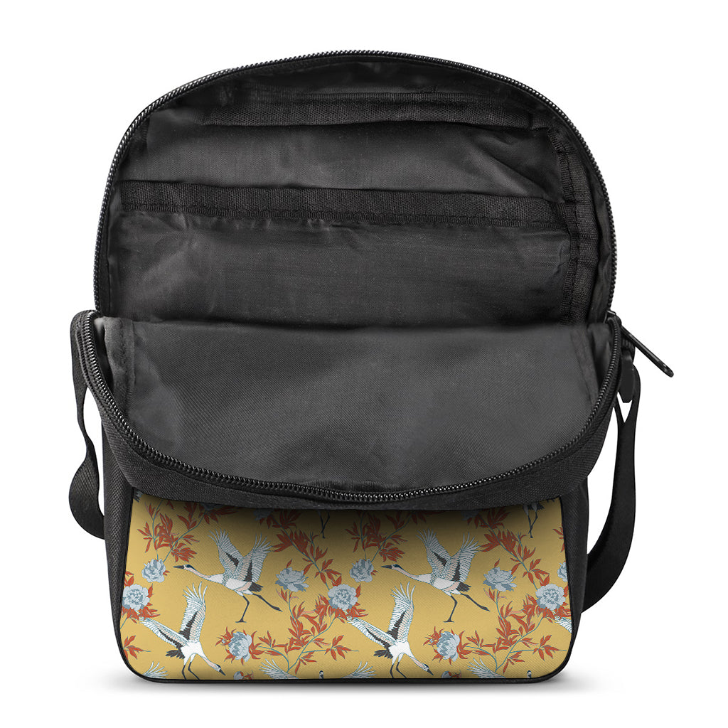 White Japanese Cranes Pattern Print Rectangular Crossbody Bag