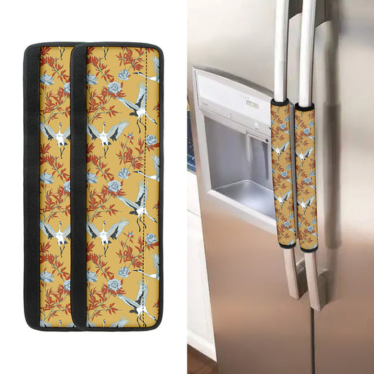 White Japanese Cranes Pattern Print Refrigerator Handle Covers