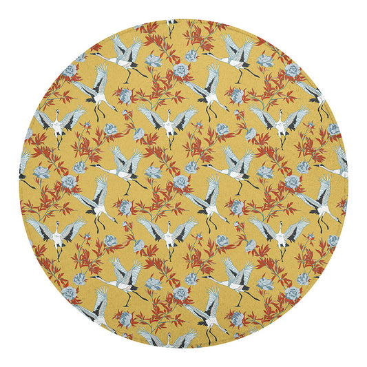 White Japanese Cranes Pattern Print Round Blanket