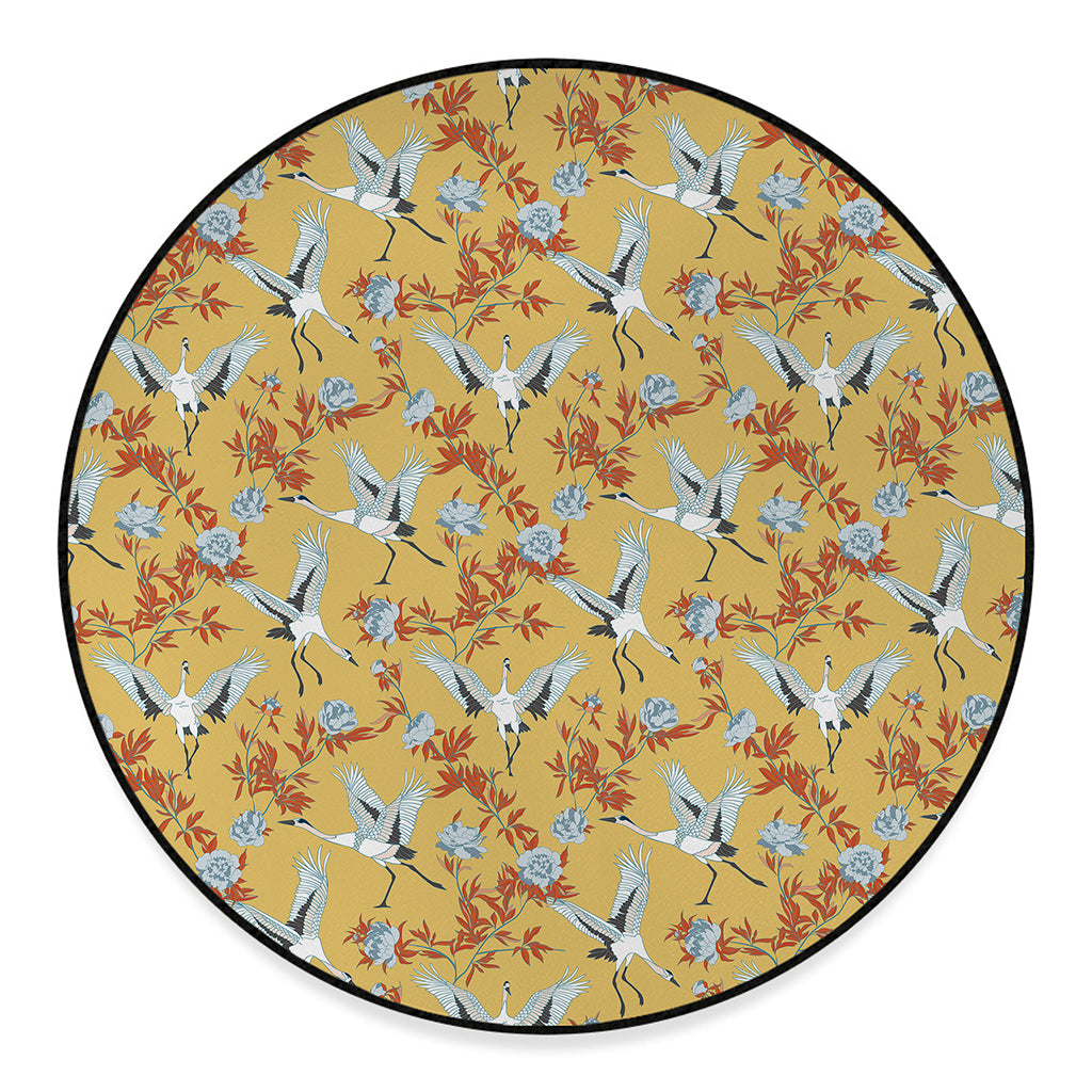 White Japanese Cranes Pattern Print Round Floor Mat