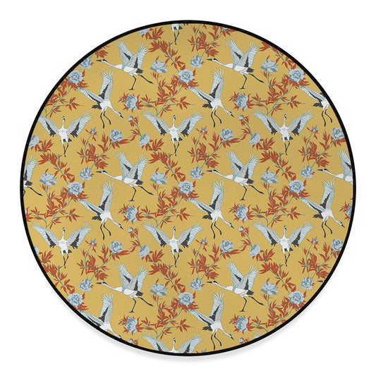 White Japanese Cranes Pattern Print Round Floor Mat