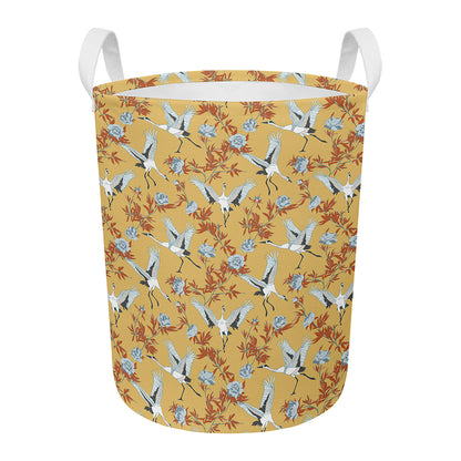 White Japanese Cranes Pattern Print Round Laundry Basket