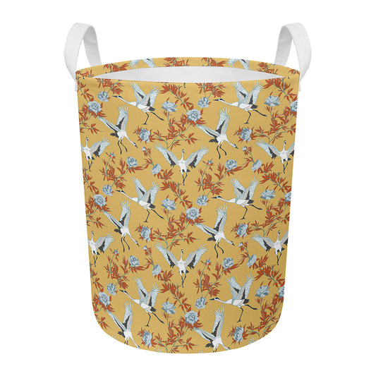 White Japanese Cranes Pattern Print Round Laundry Basket
