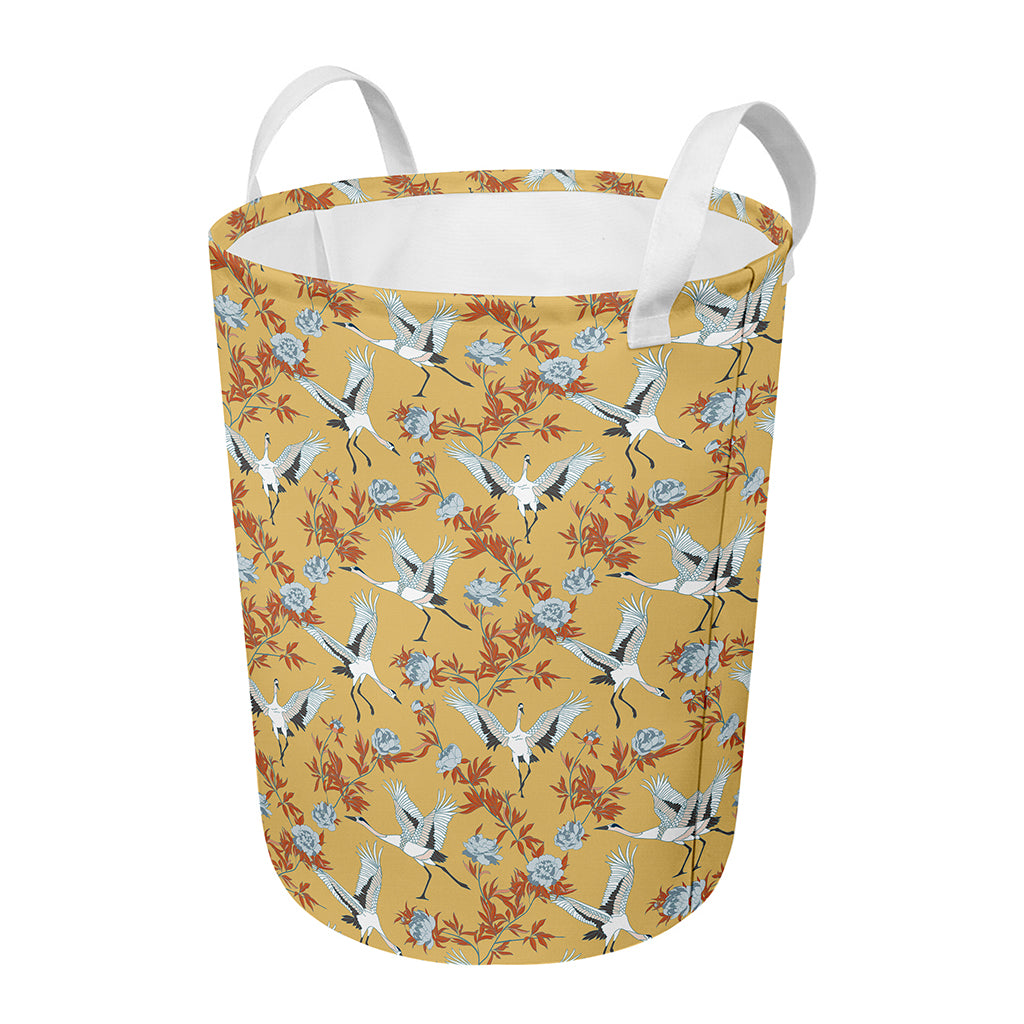 White Japanese Cranes Pattern Print Round Laundry Basket