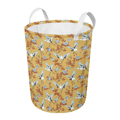 White Japanese Cranes Pattern Print Round Laundry Basket