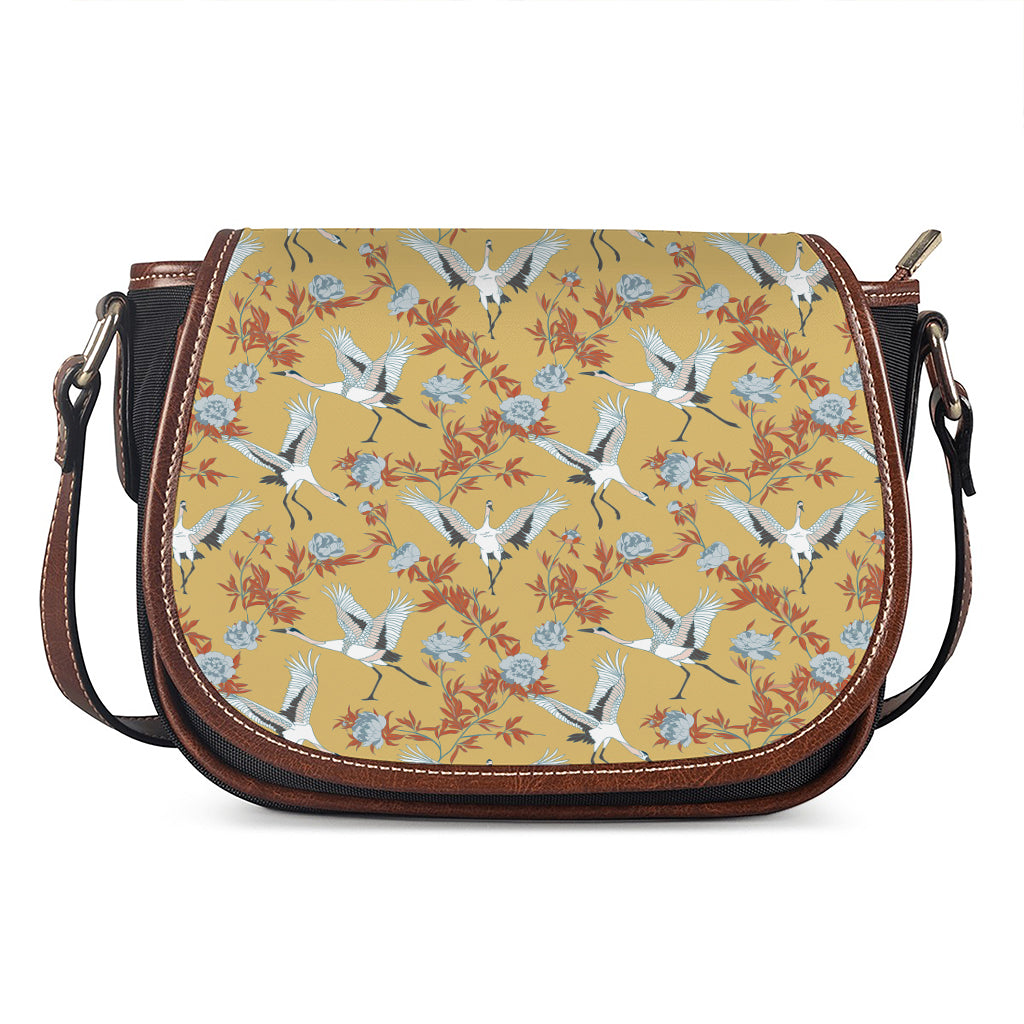 White Japanese Cranes Pattern Print Saddle Bag