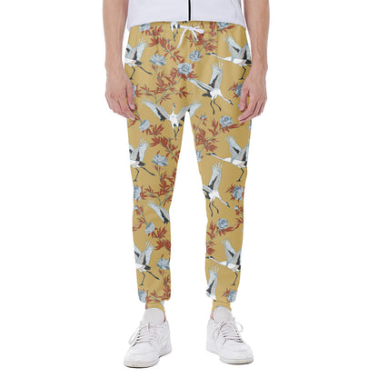 White Japanese Cranes Pattern Print Scuba Joggers