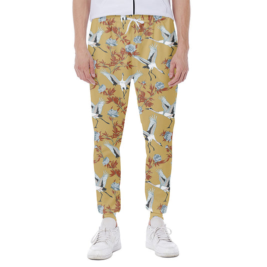 White Japanese Cranes Pattern Print Scuba Joggers
