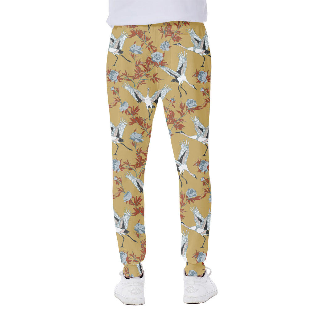 White Japanese Cranes Pattern Print Scuba Joggers