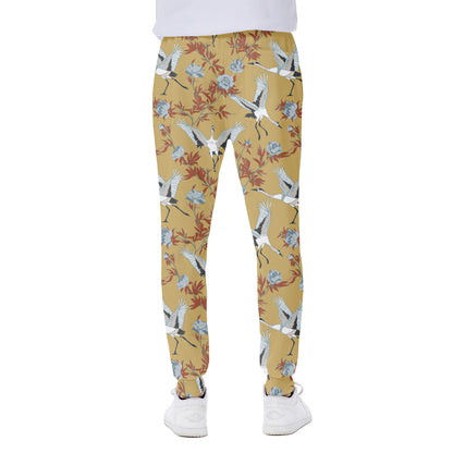 White Japanese Cranes Pattern Print Scuba Joggers