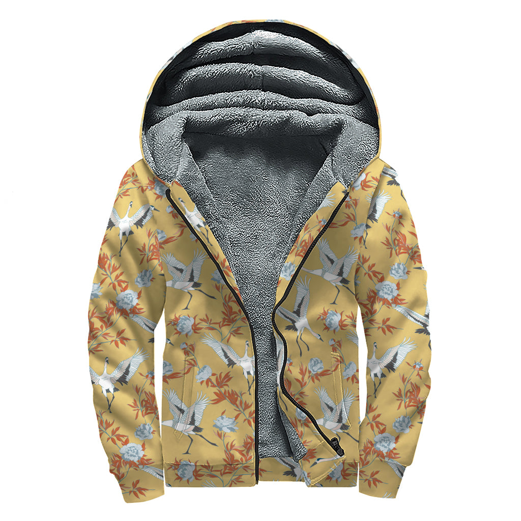 White Japanese Cranes Pattern Print Sherpa Lined Zip Up Hoodie