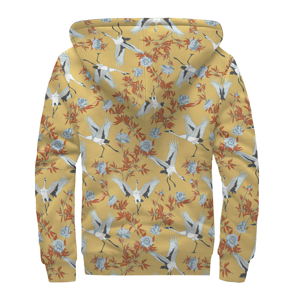 White Japanese Cranes Pattern Print Sherpa Lined Zip Up Hoodie