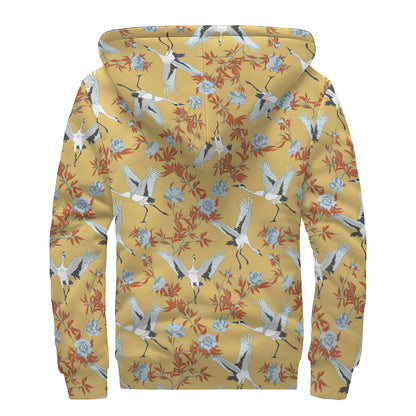 White Japanese Cranes Pattern Print Sherpa Lined Zip Up Hoodie