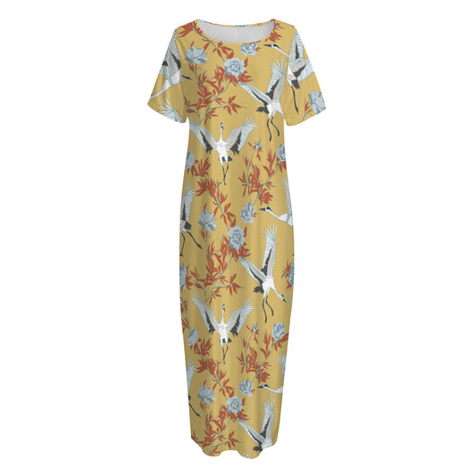 White Japanese Cranes Pattern Print Short Sleeve Long Nightdress