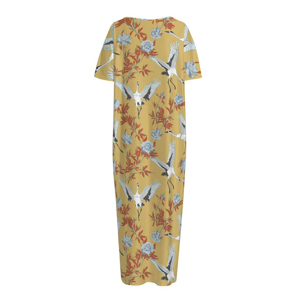 White Japanese Cranes Pattern Print Short Sleeve Long Nightdress