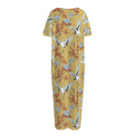 White Japanese Cranes Pattern Print Short Sleeve Long Nightdress