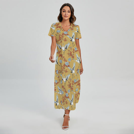White Japanese Cranes Pattern Print Short Sleeve Maxi Dress