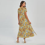 White Japanese Cranes Pattern Print Short Sleeve Maxi Dress