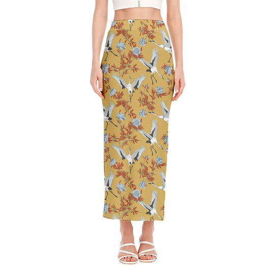 White Japanese Cranes Pattern Print Side Slit Maxi Skirt