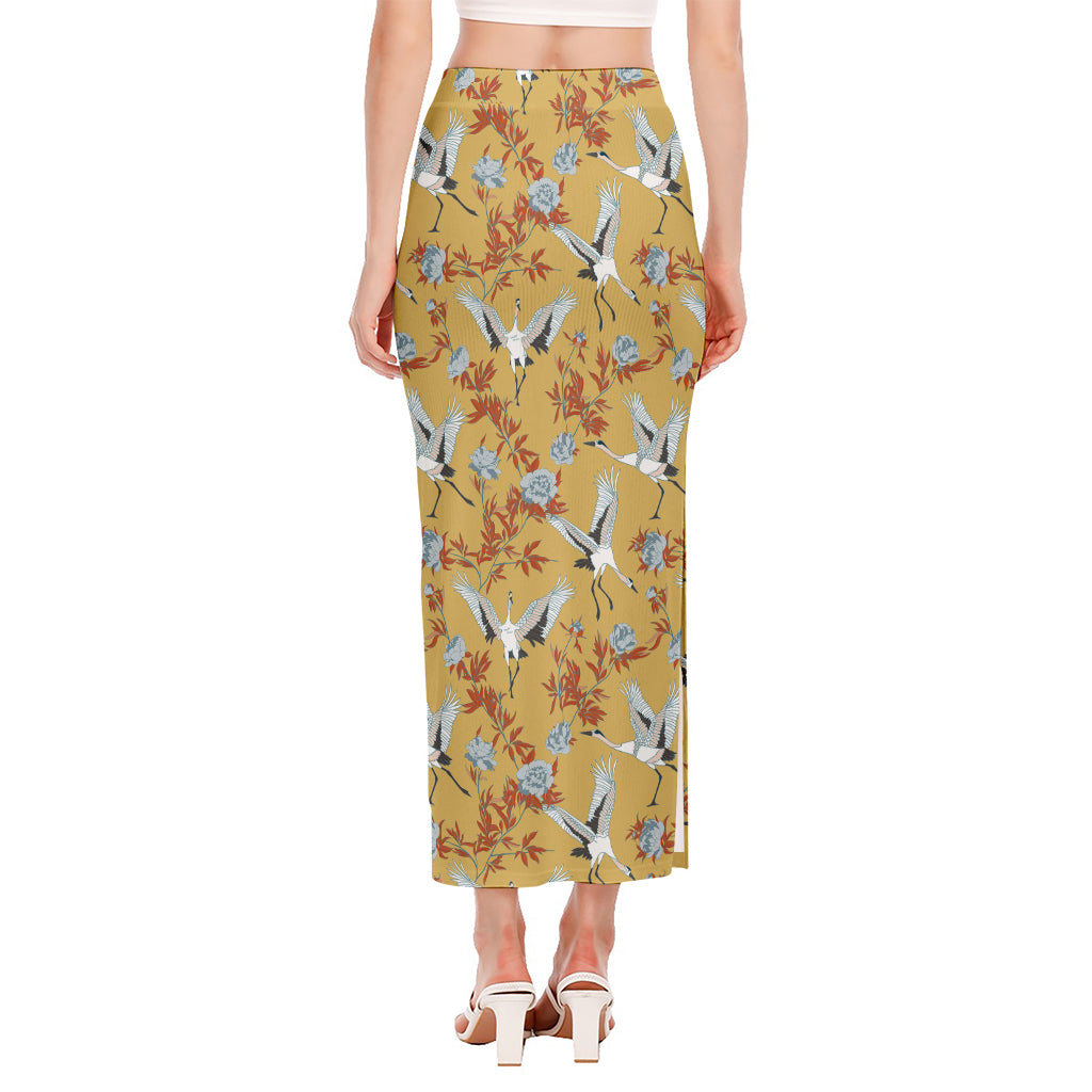 White Japanese Cranes Pattern Print Side Slit Maxi Skirt