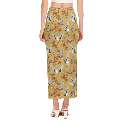 White Japanese Cranes Pattern Print Side Slit Maxi Skirt