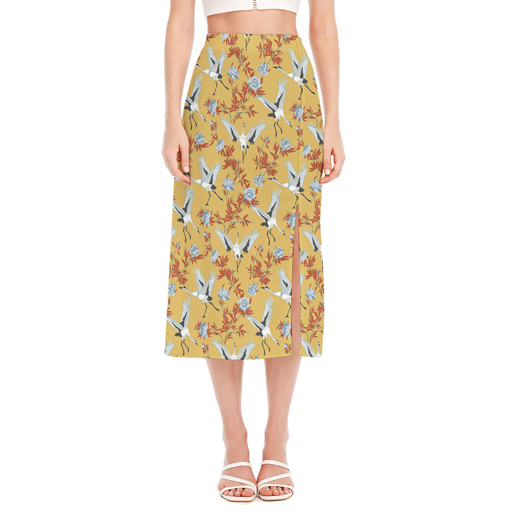 White Japanese Cranes Pattern Print Side Slit Midi Skirt