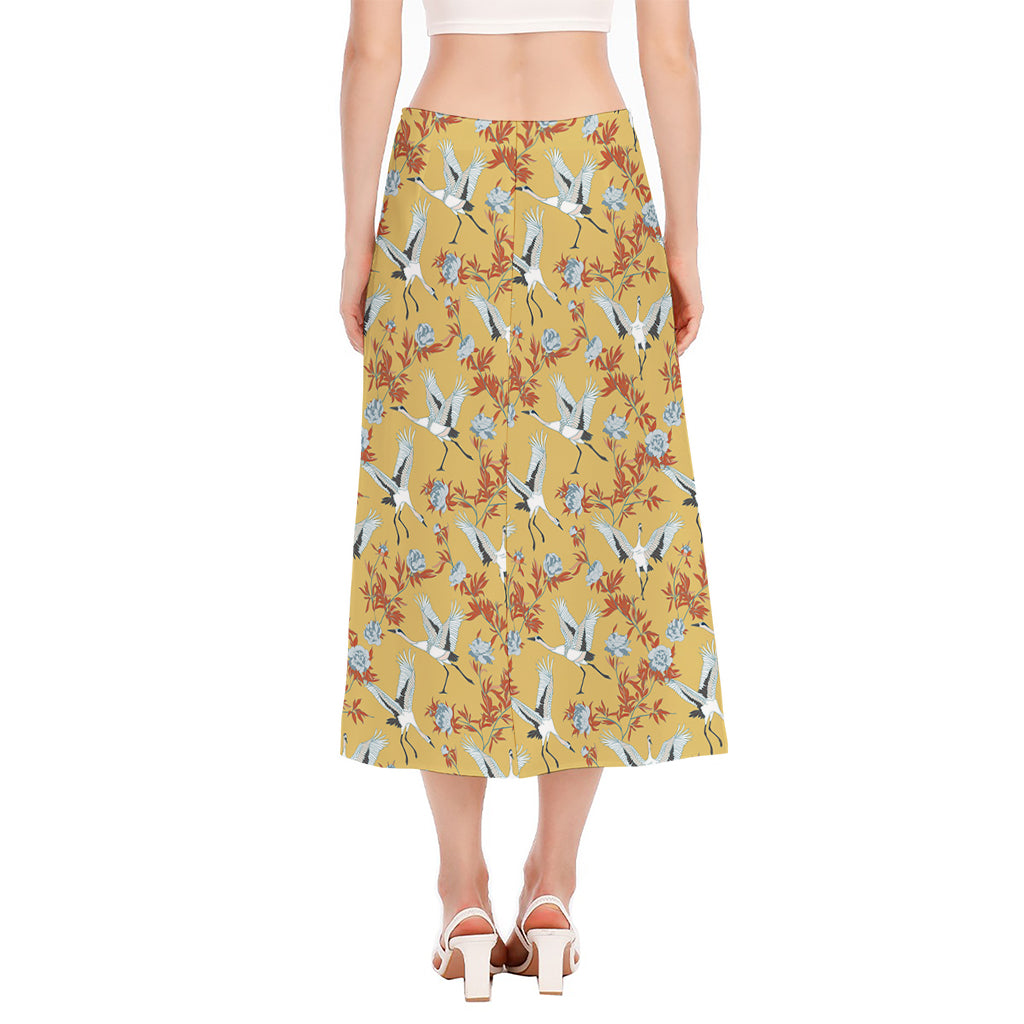 White Japanese Cranes Pattern Print Side Slit Midi Skirt