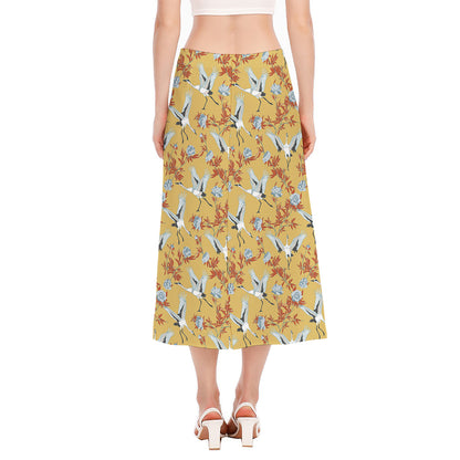 White Japanese Cranes Pattern Print Side Slit Midi Skirt