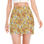 White Japanese Cranes Pattern Print Side Slit Mini Skirt
