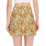 White Japanese Cranes Pattern Print Side Slit Mini Skirt