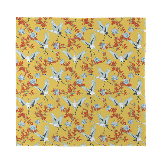 White Japanese Cranes Pattern Print Silk Bandana