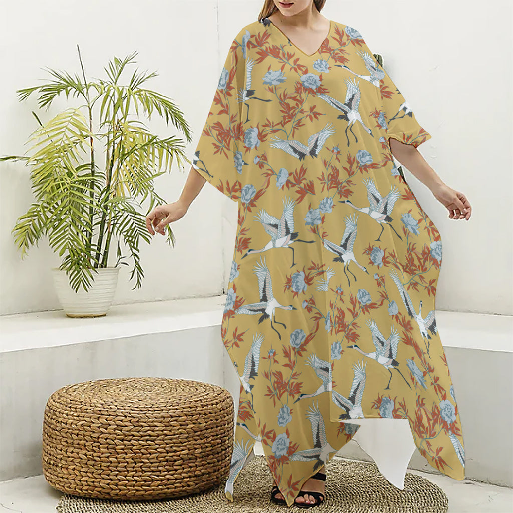 White Japanese Cranes Pattern Print Silk V-Neck Kaftan Dress