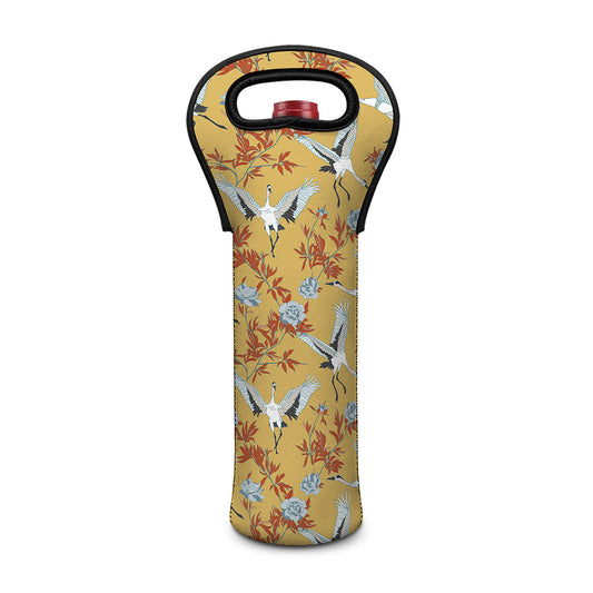 White Japanese Cranes Pattern Print Single Neoprene Wine Tote