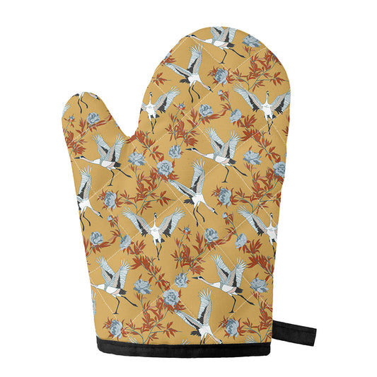 White Japanese Cranes Pattern Print Single Oven Mitt