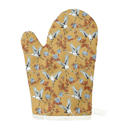 White Japanese Cranes Pattern Print Single Oven Mitt