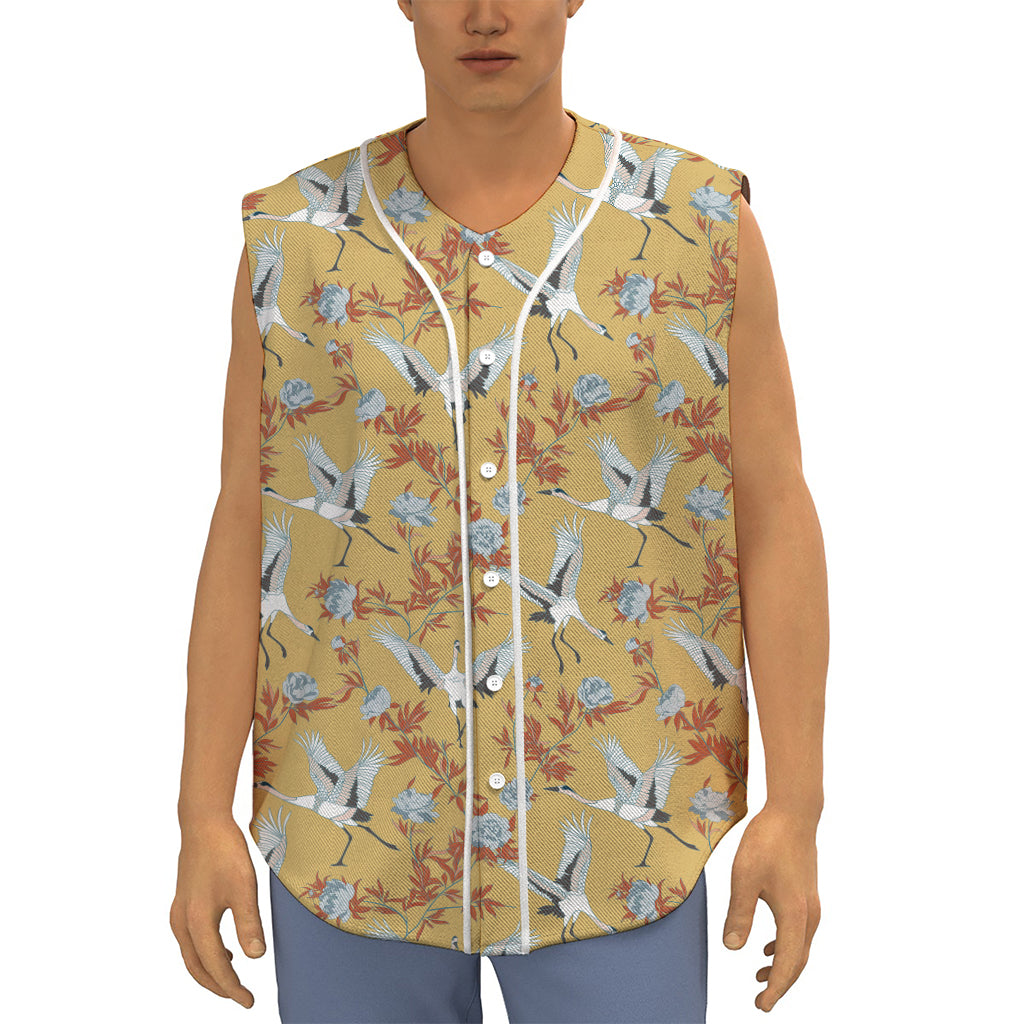 White Japanese Cranes Pattern Print Sleeveless Baseball Jersey