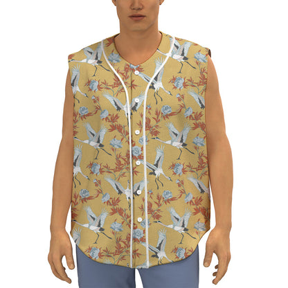 White Japanese Cranes Pattern Print Sleeveless Baseball Jersey